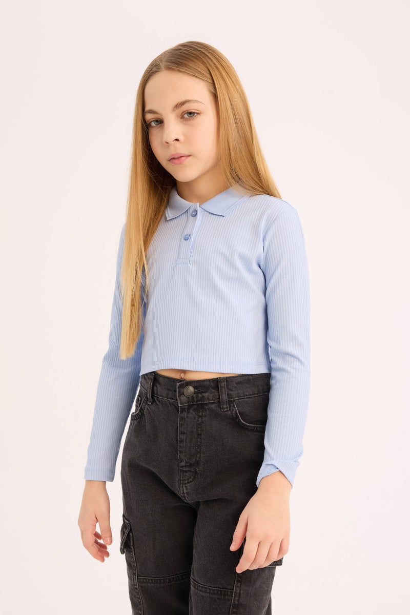 DeFacto Blue Girl Girl Slim Fit Ribbed Long Sleeve Polo T-Shirt Casual - Image 4